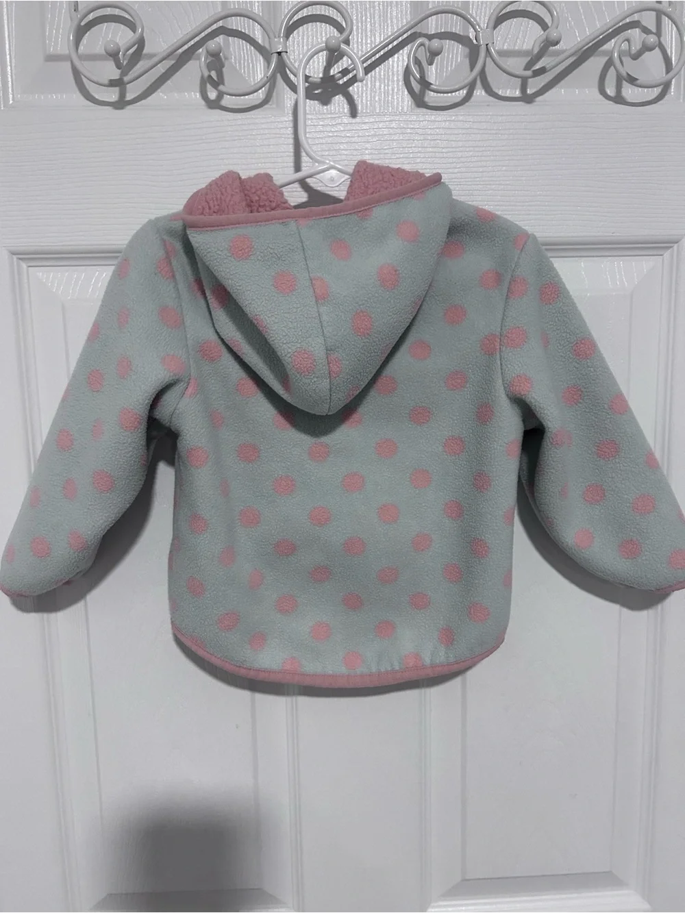 Girls' Polka Dot Hooded Fleece Jacket in Light Blue and Pink. Size 2T